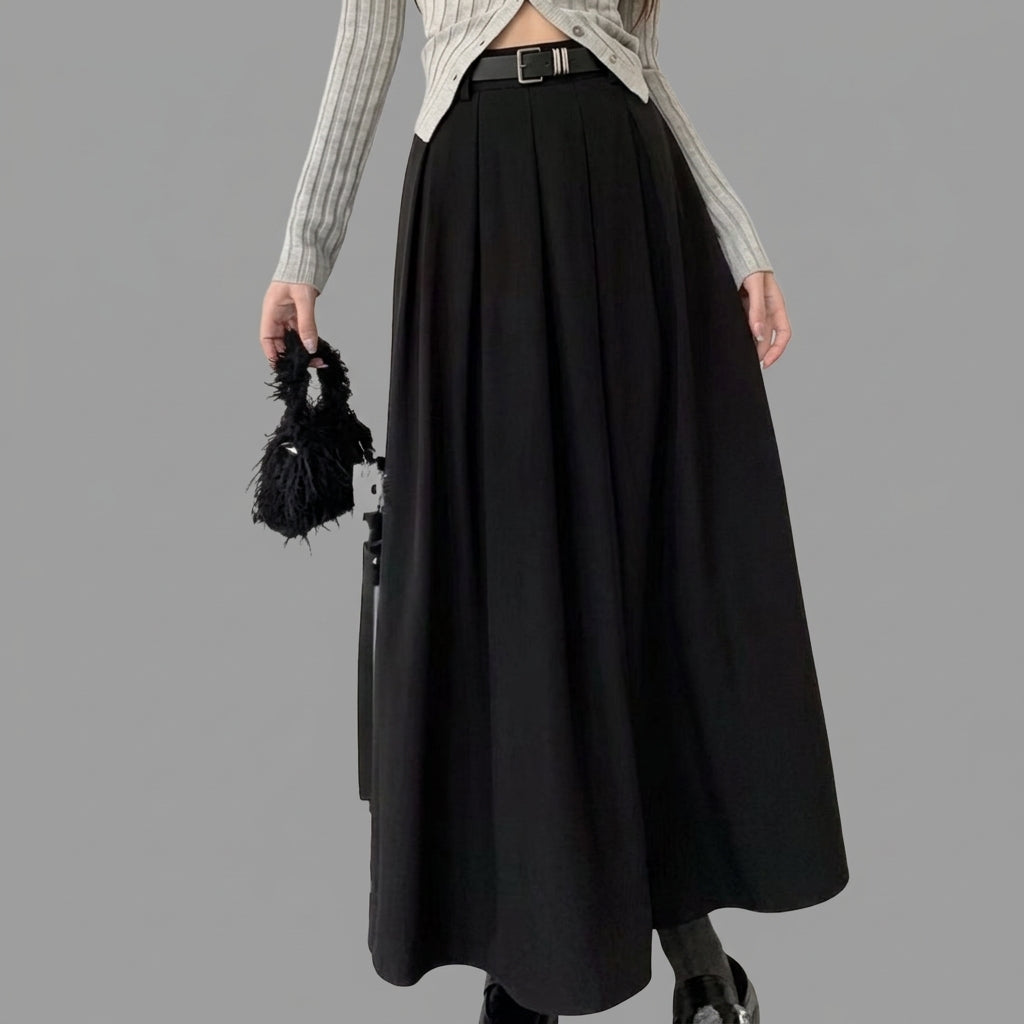 Pleated Midi Skirt for Women – Solid Color A-Line Long Skirt
