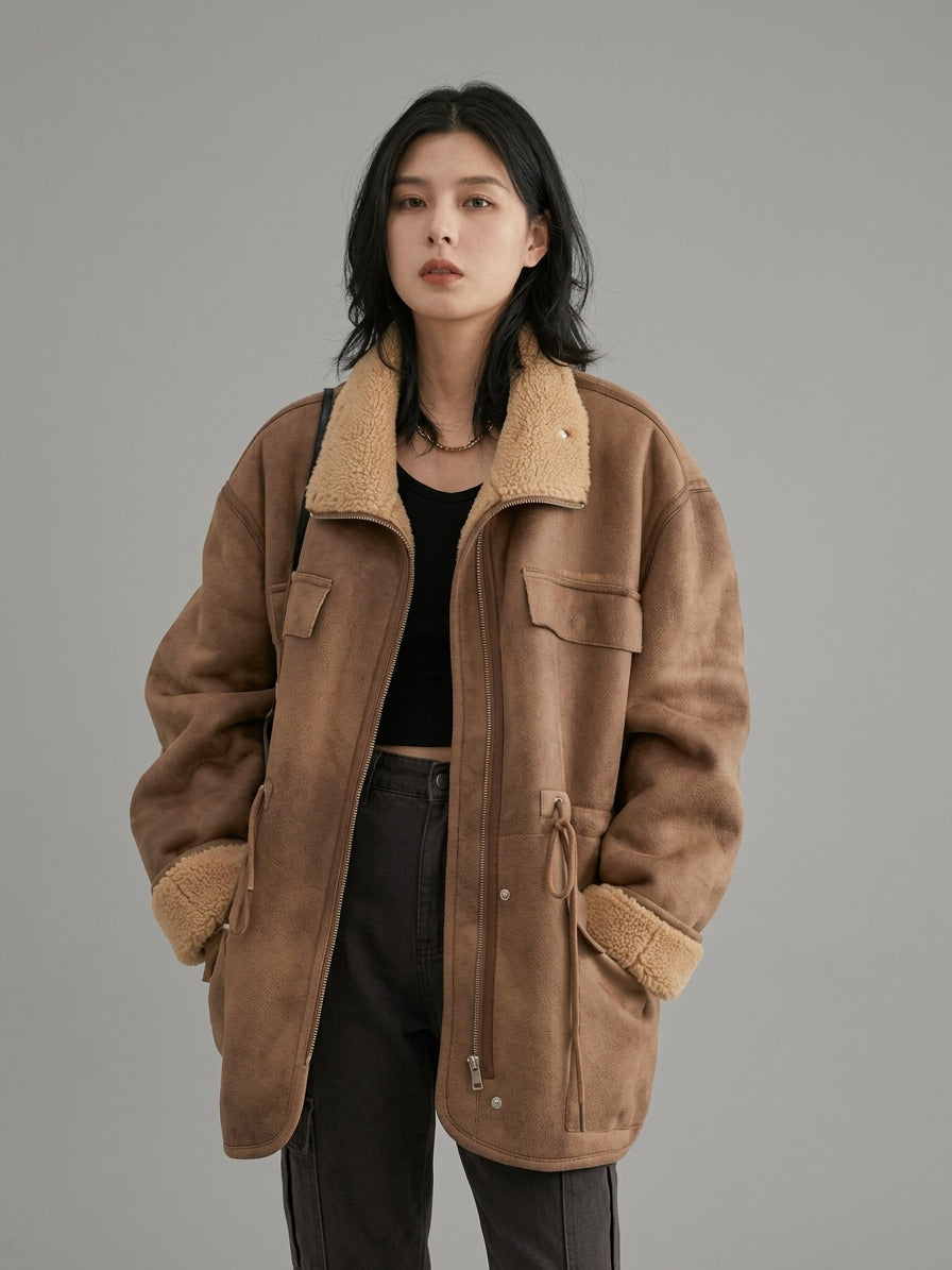 Women’s Brown Reversible Suede Winter Jacket – Thick Warm Motorcycle Coat