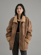 Women’s Brown Reversible Suede Winter Jacket – Thick Warm Motorcycle Coat