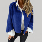 Rosamée blue wool-blend button-front jacket shown from the front view, featuring a classic button-front closure, long sleeves, practical front pockets, and a comfortable timeless silhouette.