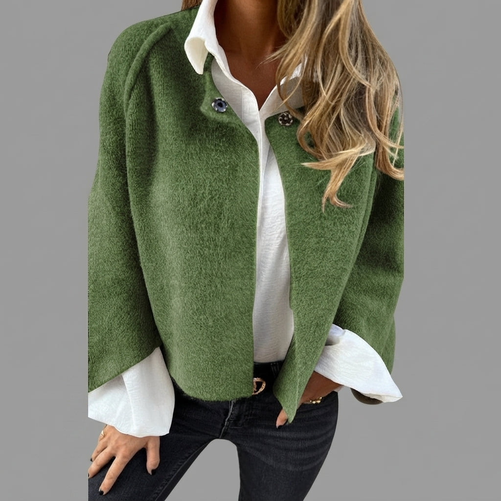 Rosamée green wool-blend button-front jacket shown from the front view, featuring a classic button-front closure, long sleeves, practical front pockets, and a comfortable timeless silhouette.