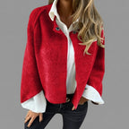 Rosamée red wool-blend button-front jacket shown from the front view, featuring a classic button-front closure, long sleeves, practical front pockets, and a comfortable timeless silhouette.