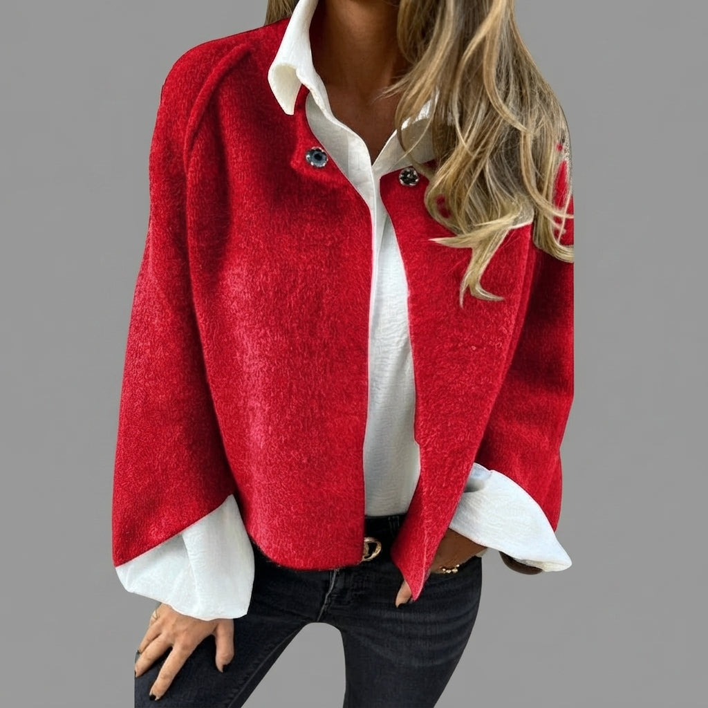Rosamée red wool-blend button-front jacket shown from the front view, featuring a classic button-front closure, long sleeves, practical front pockets, and a comfortable timeless silhouette.