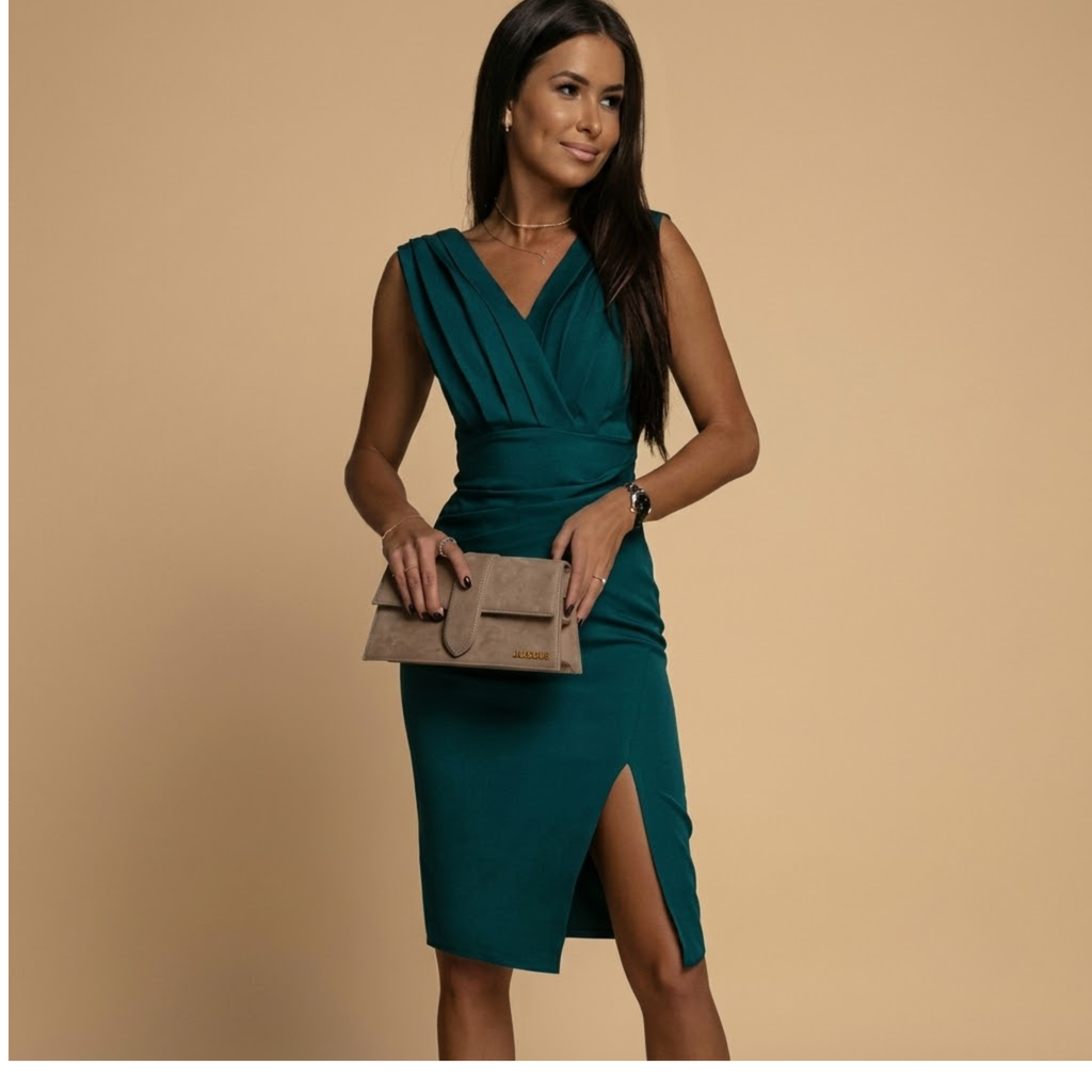 Ruched_Cocktail_Dress_Green_Frontview