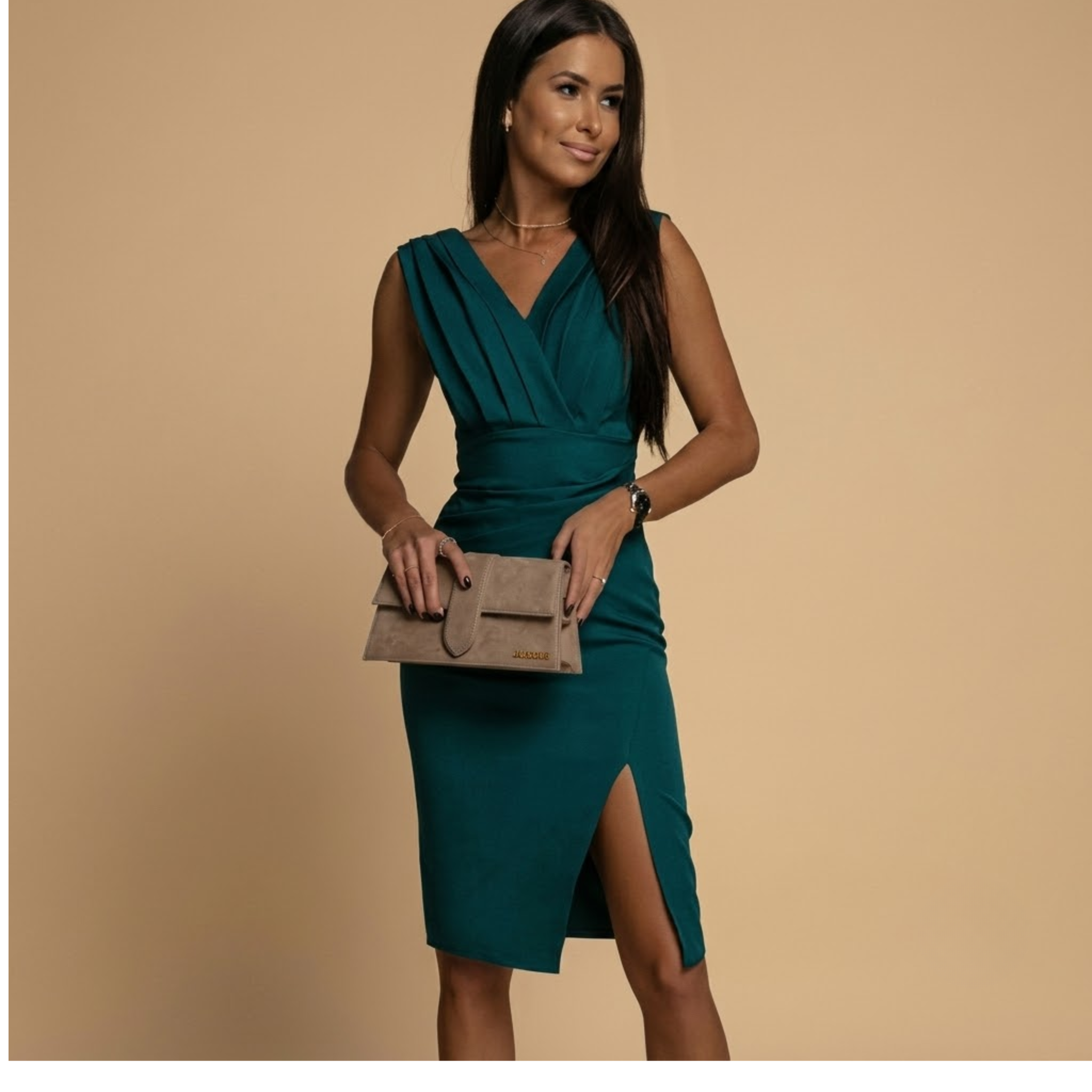 Ruched_Cocktail_Dress_Green_Frontview
