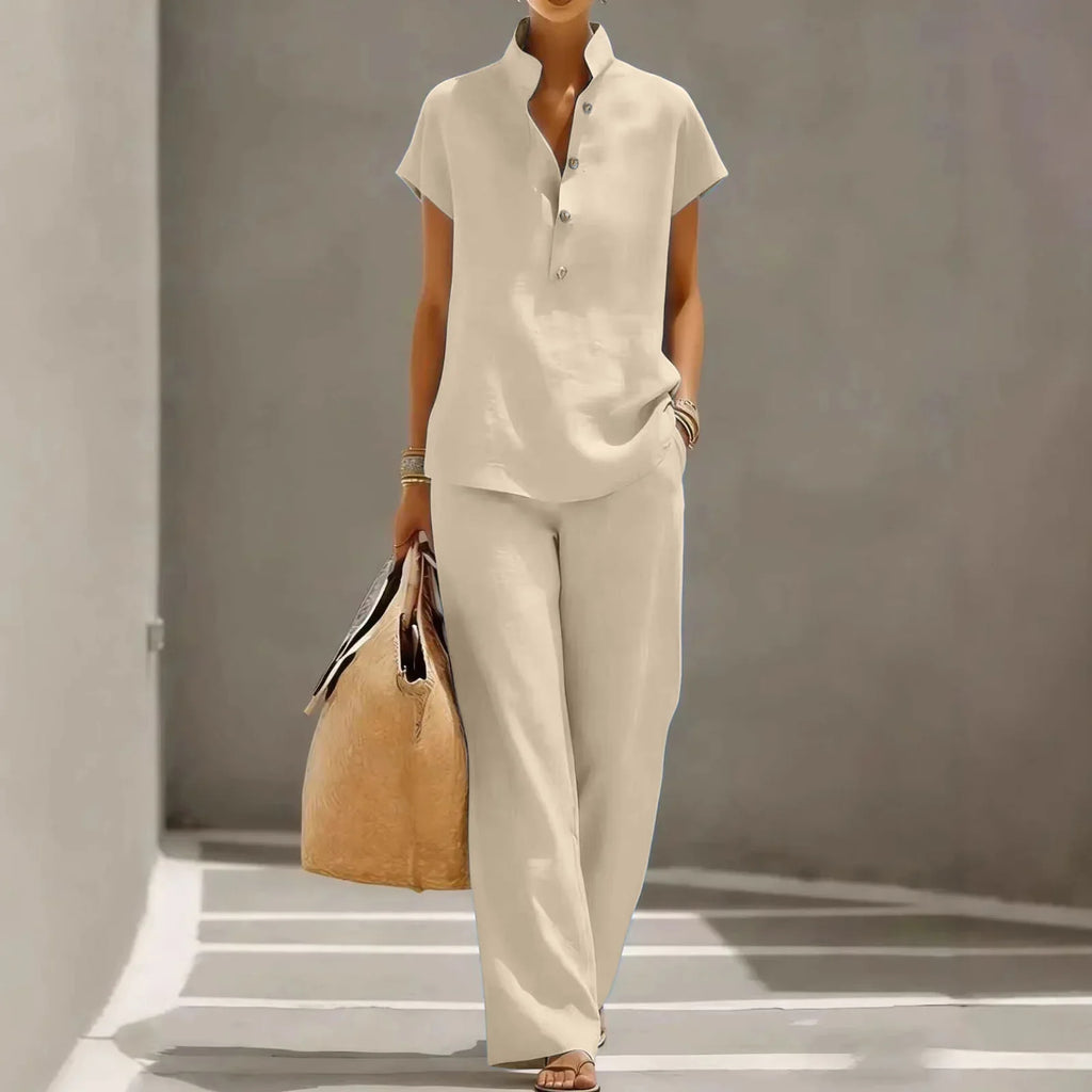 Belle Two-Piece Set Linen Button Wide-Leg