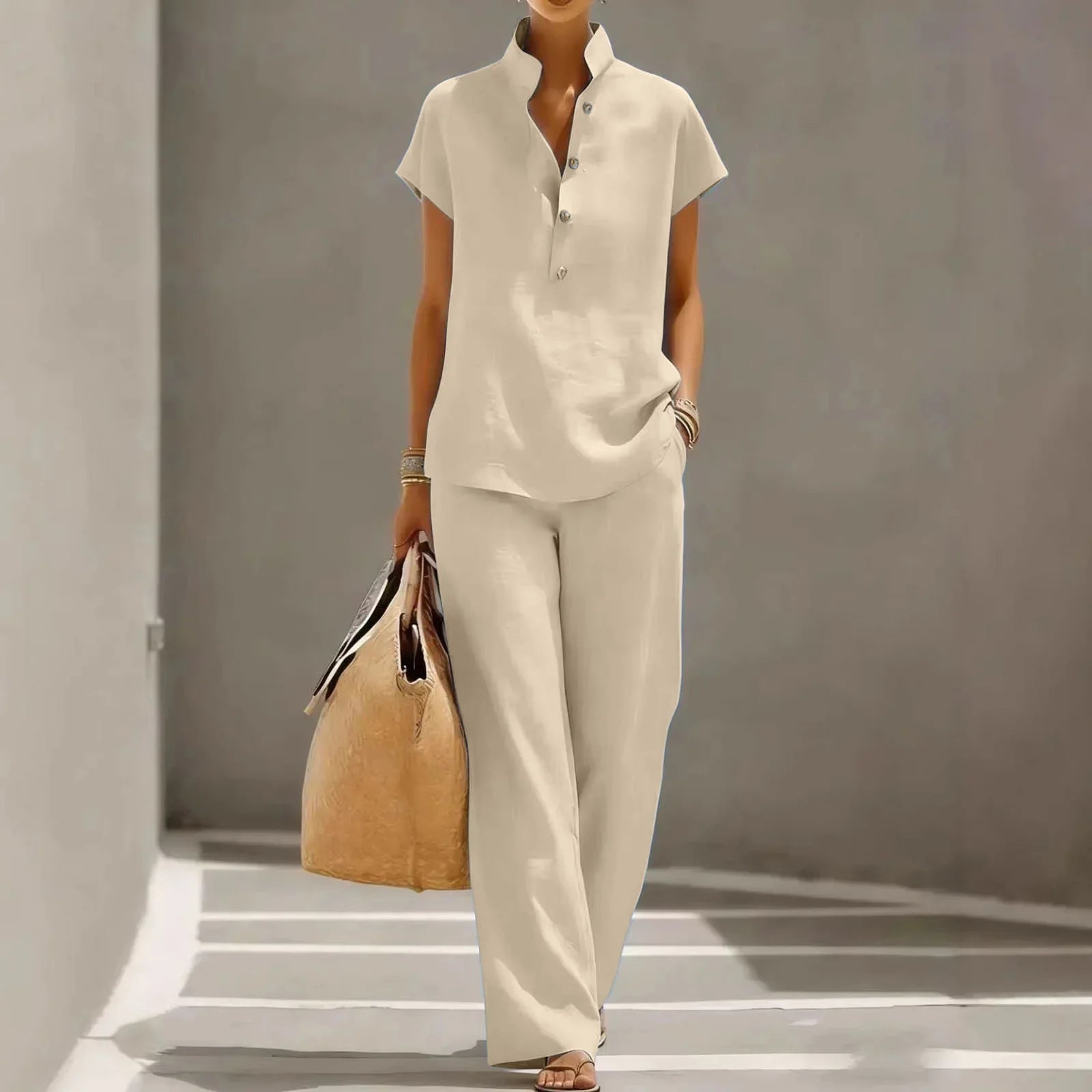 Belle Two-Piece Set Linen Button Wide-Leg