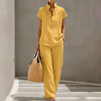 Belle Two-Piece Set Linen Button Wide-Leg