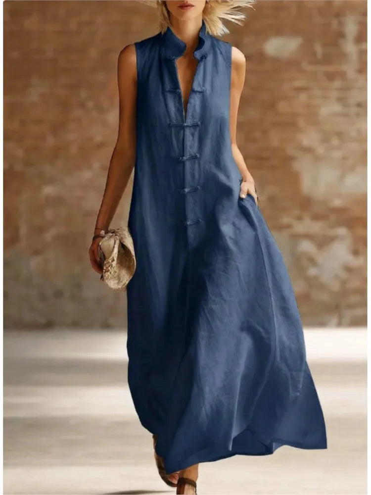 Savrani Maxi Dress Lightweight Frog-Button Pocket