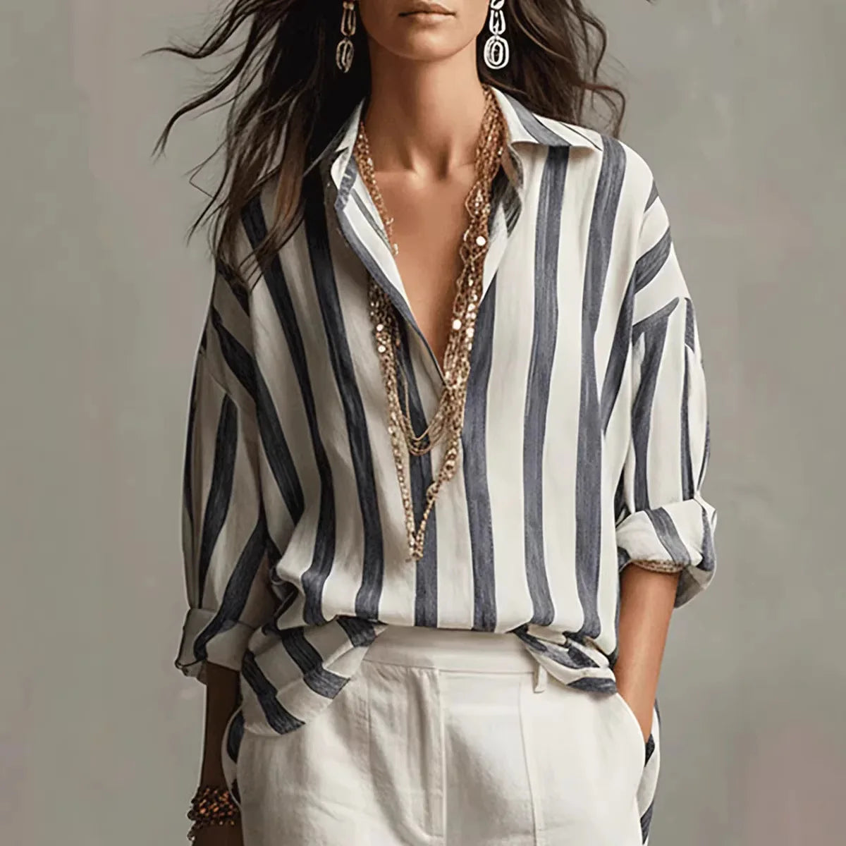 Amaris Linen Shirt Striped Turn-Down Collar