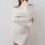 Sabrina Off-Shoulder Ribbed Knit Mini Dress Foldover Neckline Long-Sleeve