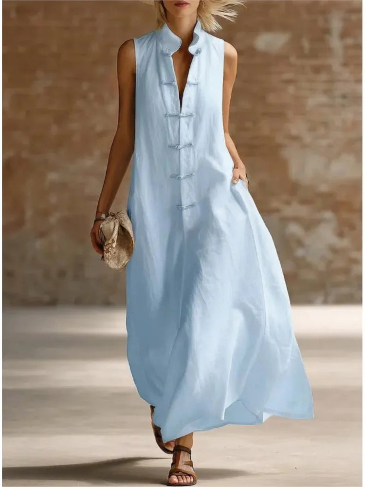 Savrani Maxi Dress Lightweight Frog-Button Pocket