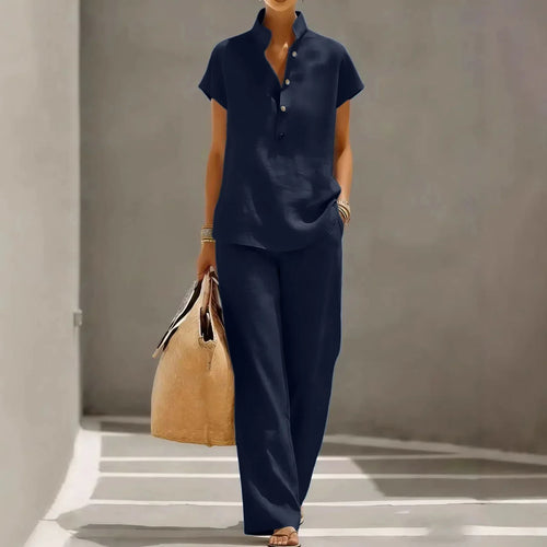 Belle Two-Piece Set Linen Button Wide-Leg