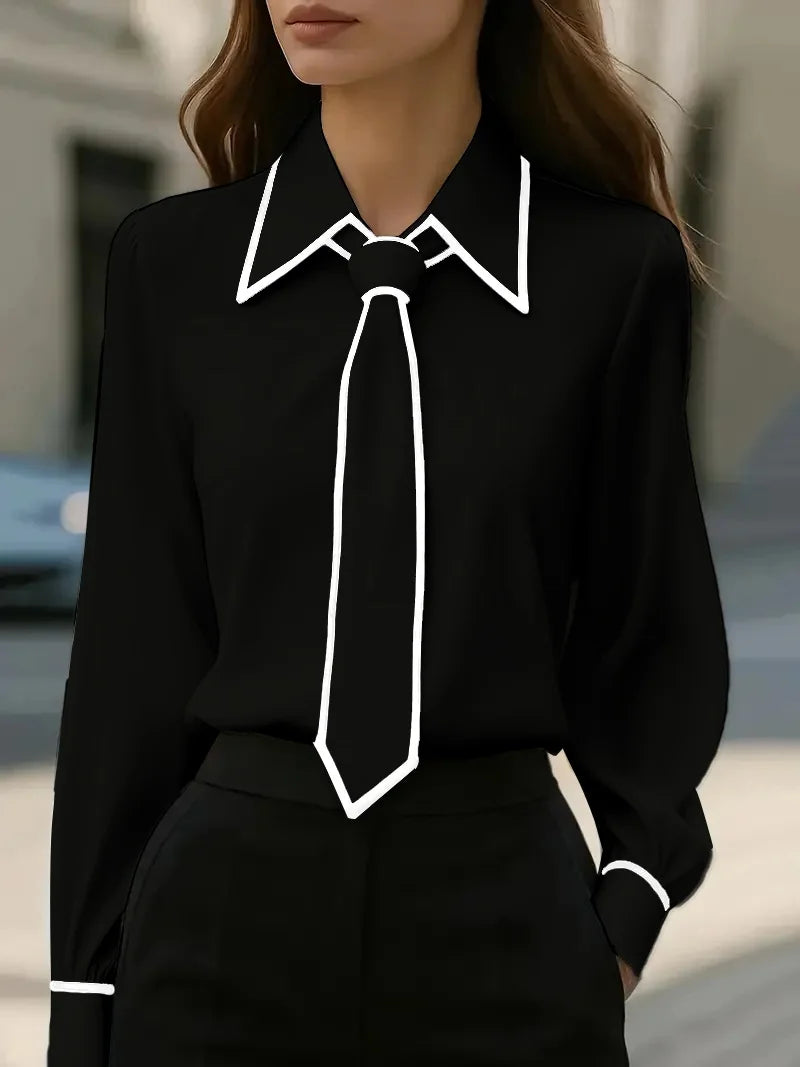 Charlotte Collared Blouse Contrast Trim Tie Detail Long Sleeves