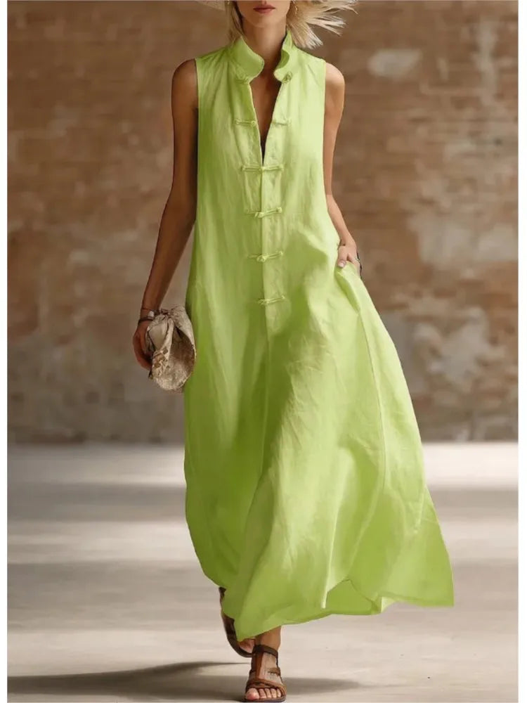 Savrani Maxi Dress Lightweight Frog-Button Pocket
