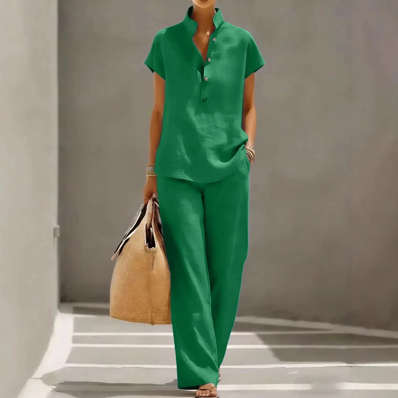 Belle Two-Piece Set Linen Button Wide-Leg