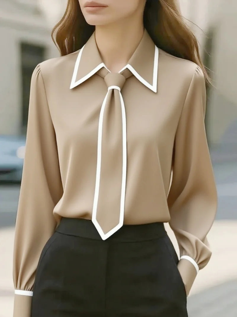 Charlotte Collared Blouse Contrast Trim Tie Detail Long Sleeves