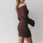 Sabrina Off-Shoulder Ribbed Knit Mini Dress Foldover Neckline Long-Sleeve