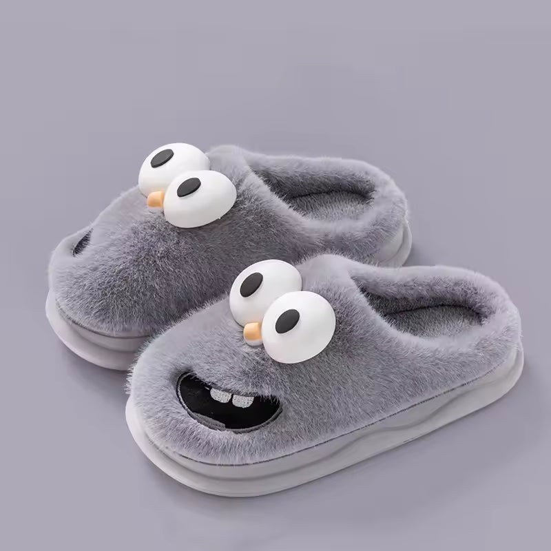 Poppy Googly-Eye Plush House Slippers 3D Cartoon Face Closed Toe