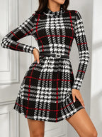 Victoria Plaid Midi Dress Round Neck Belted Waist Long-Sleeve