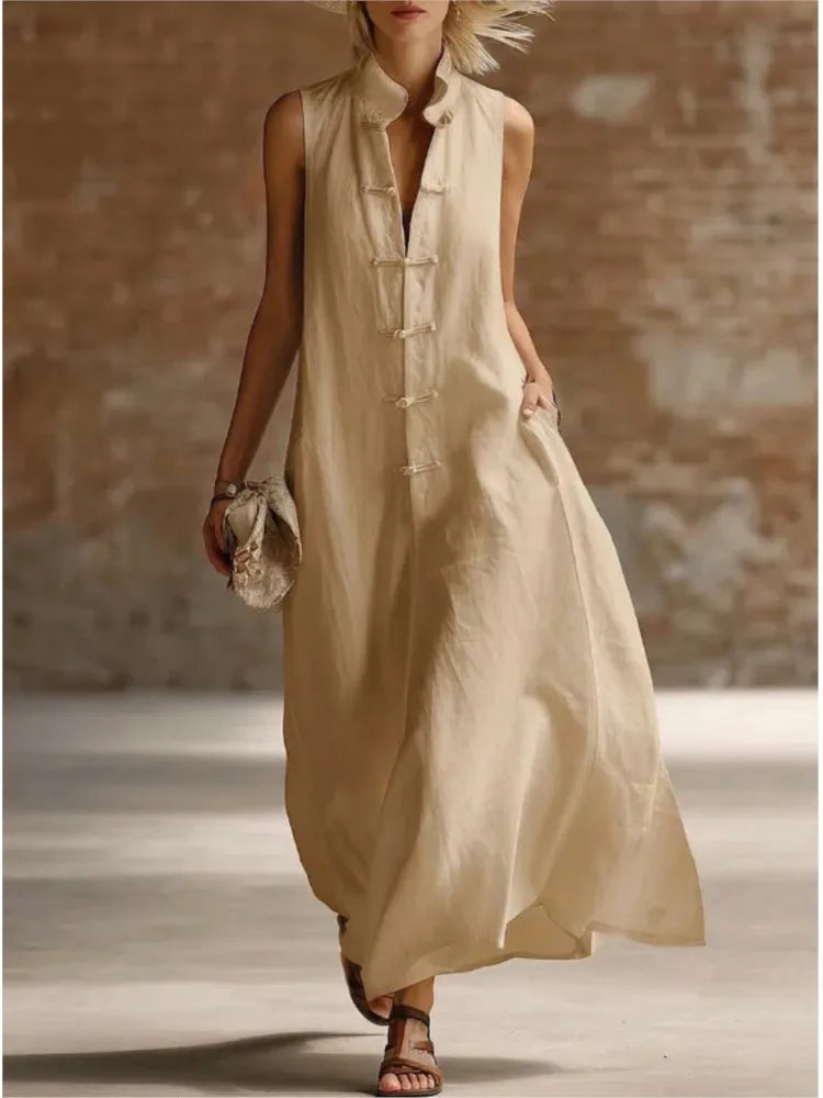 Savrani Maxi Dress Lightweight Frog-Button Pocket