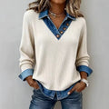 Audrey Ribbed Knit Pullover Denim-Style Collar Button Placket