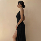 Satin V-Neck Maxi Dress Black Side View