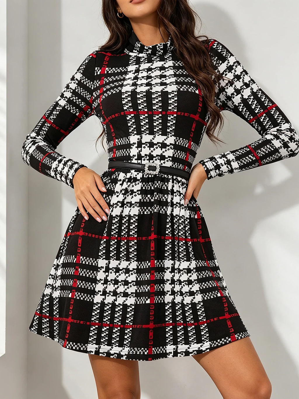 Victoria Plaid Midi Dress Round Neck Belted Waist Long-Sleeve