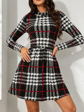 Victoria Plaid Midi Dress Round Neck Belted Waist Long-Sleeve