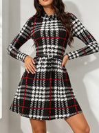 Victoria Plaid Midi Dress Round Neck Belted Waist Long-Sleeve