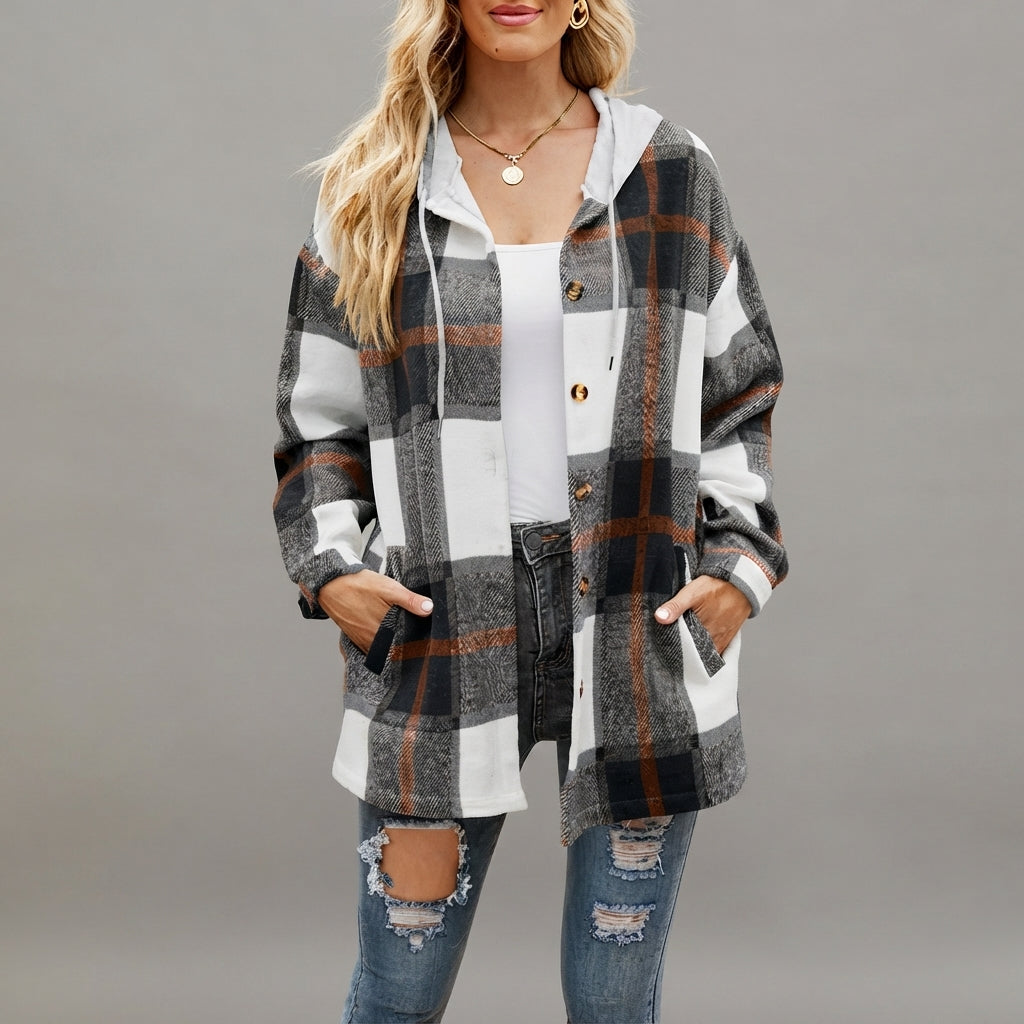 Front view of the Odalys women's Schwarz red plaid flannel hooded shacket featuring a classic plaid pattern, cozy hood, button-front closure, long sleeves, and relaxed fit.
