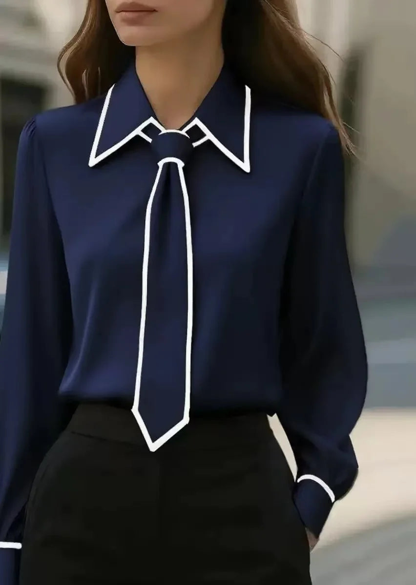 Charlotte Collared Blouse Contrast Trim Tie Detail Long Sleeves