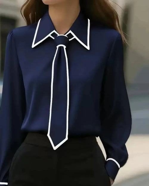 Charlotte Collared Blouse Contrast Trim Tie Detail Long Sleeves - Navy Blue