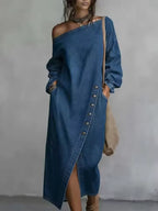 Adeline Denim Maxi Dress Asymmetric Off-Shoulder Button Detail