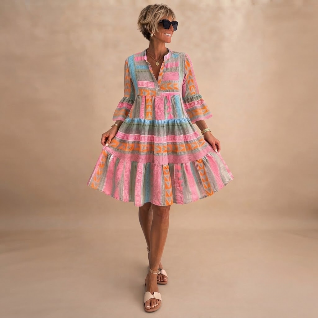Simone Lightweight Midi Dress in Pink shown in front view with geometric print, tiered skirt, and long sleeves.