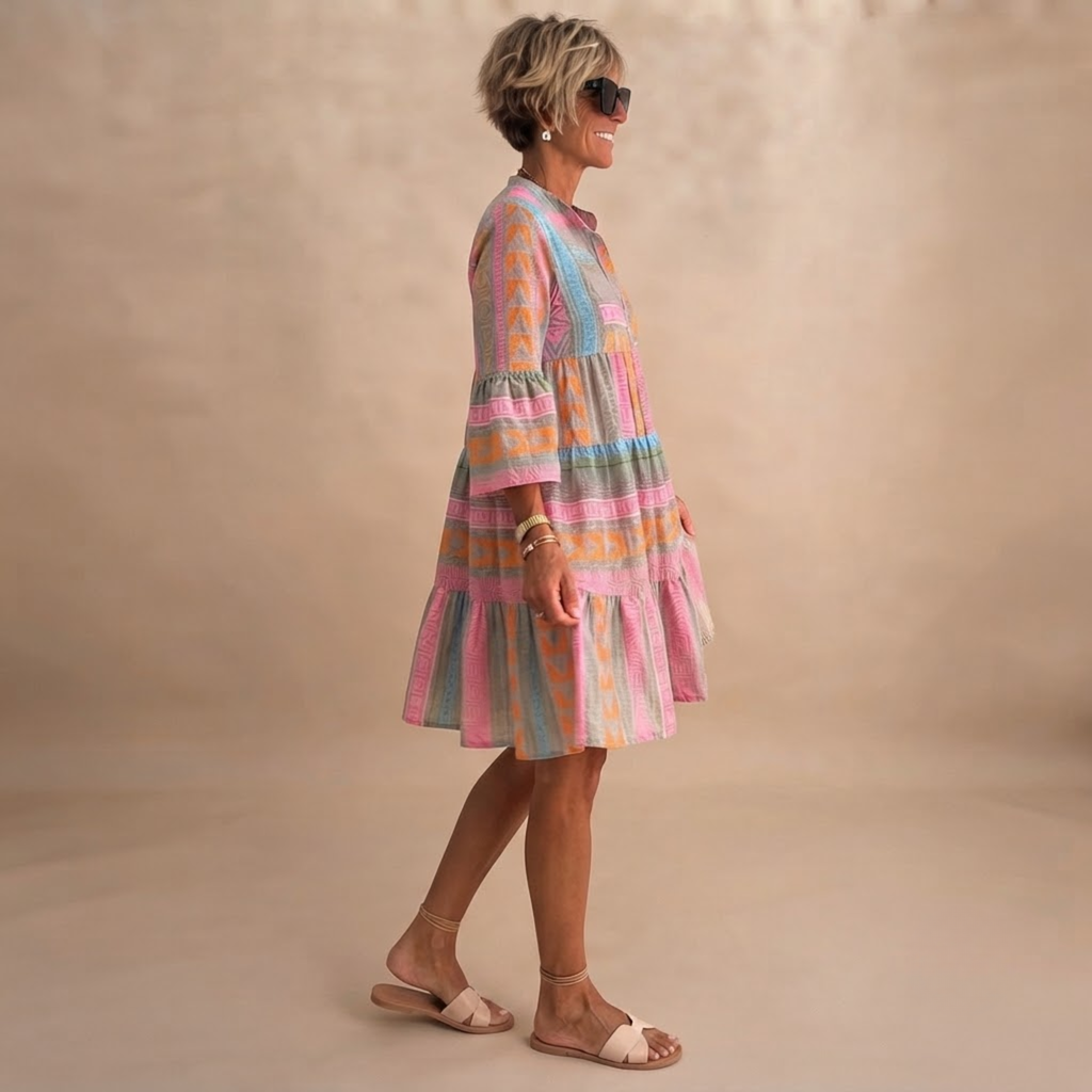 Simone Lightweight Midi Dress in Pink shown in side view highlighting the geometric print and midi length.