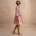 Simone Lightweight Midi Dress in Pink shown in side view highlighting the geometric print and midi length.