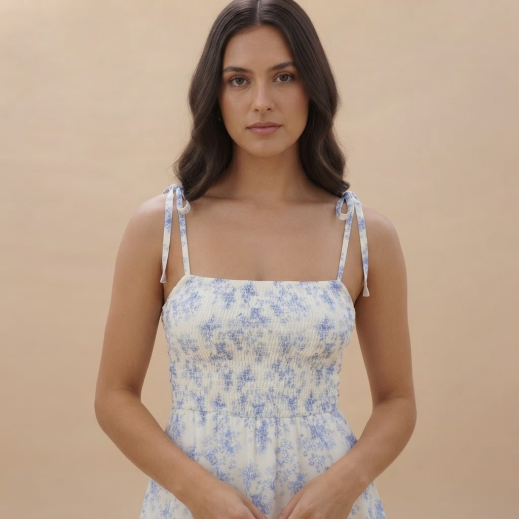 Sleeveless Floral Dress White Front Closeup View