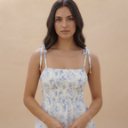 Sleeveless Floral Dress White Front Closeup View