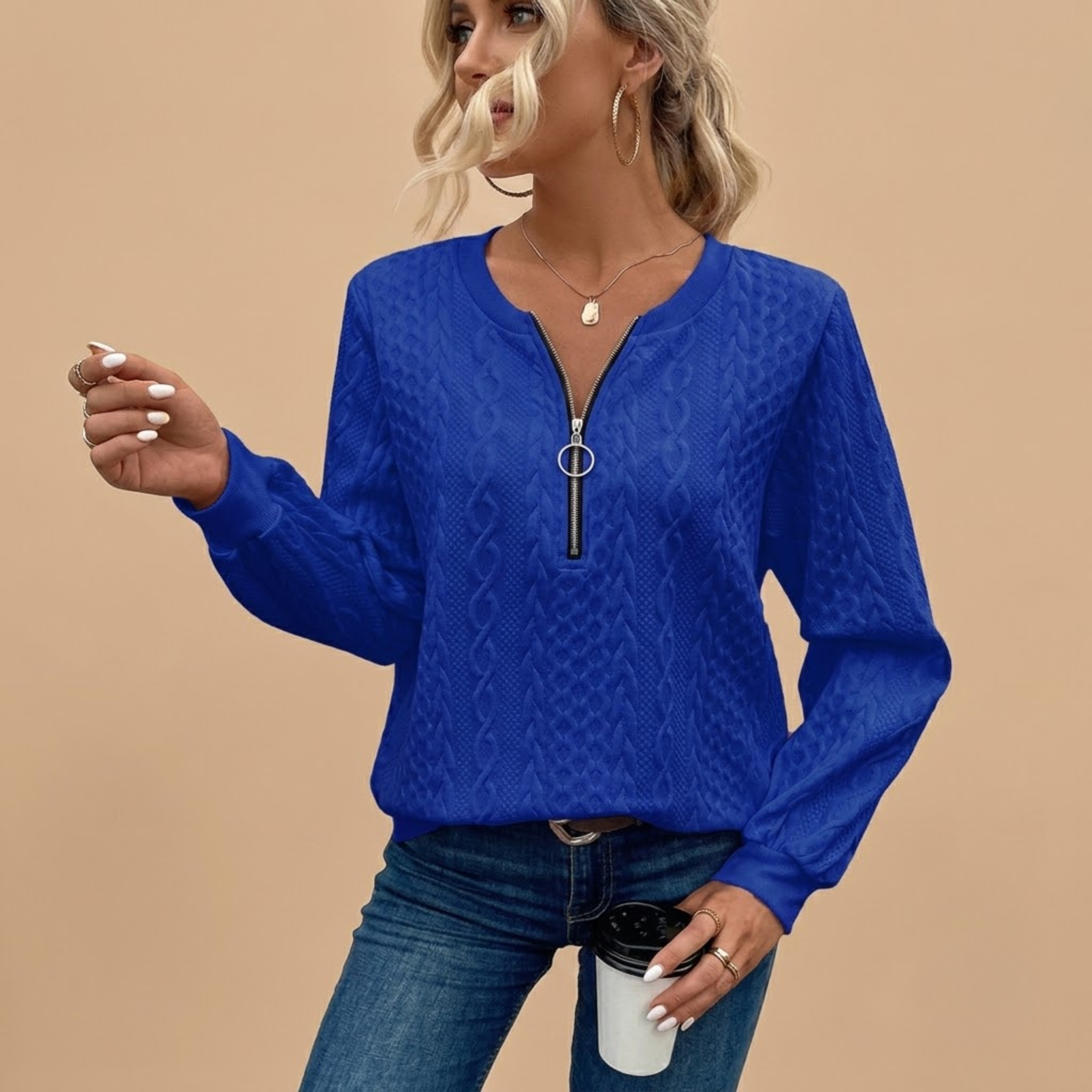 Soft Knit Zip Sweater Blue Front View