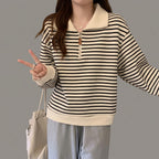 Women's Striped Half-Zip Oversized Pullover Sweatshirt with Long Sleeves