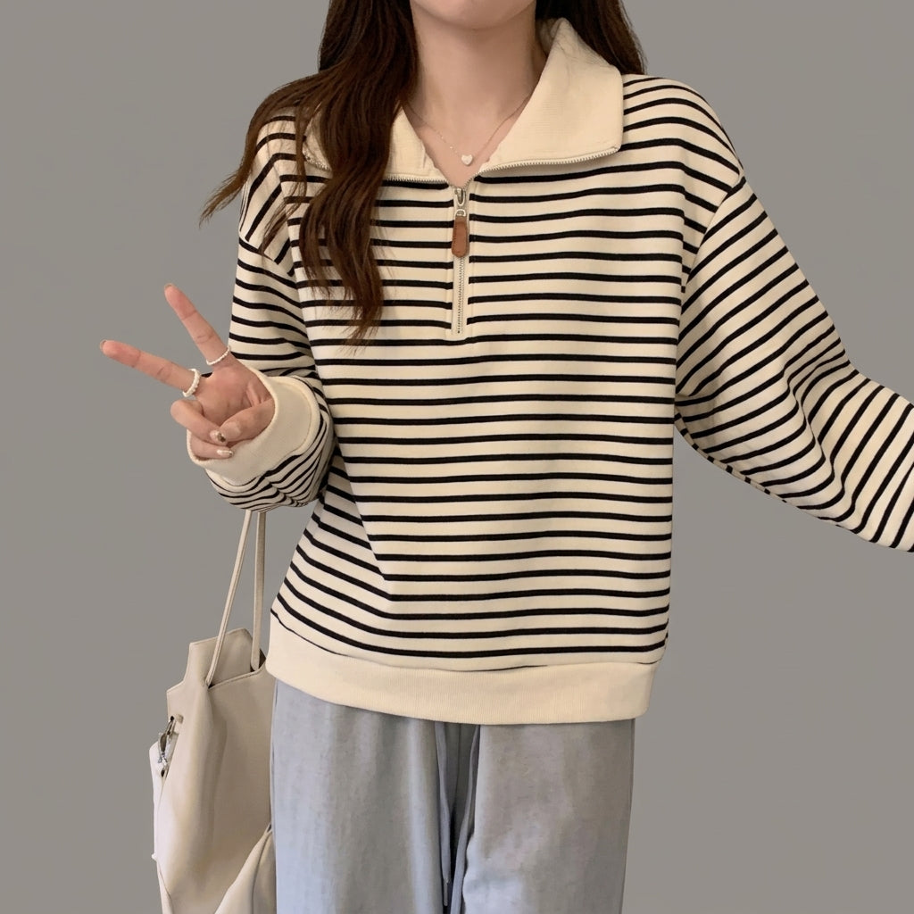 Women's Striped Half-Zip Oversized Pullover Sweatshirt with Long Sleeves