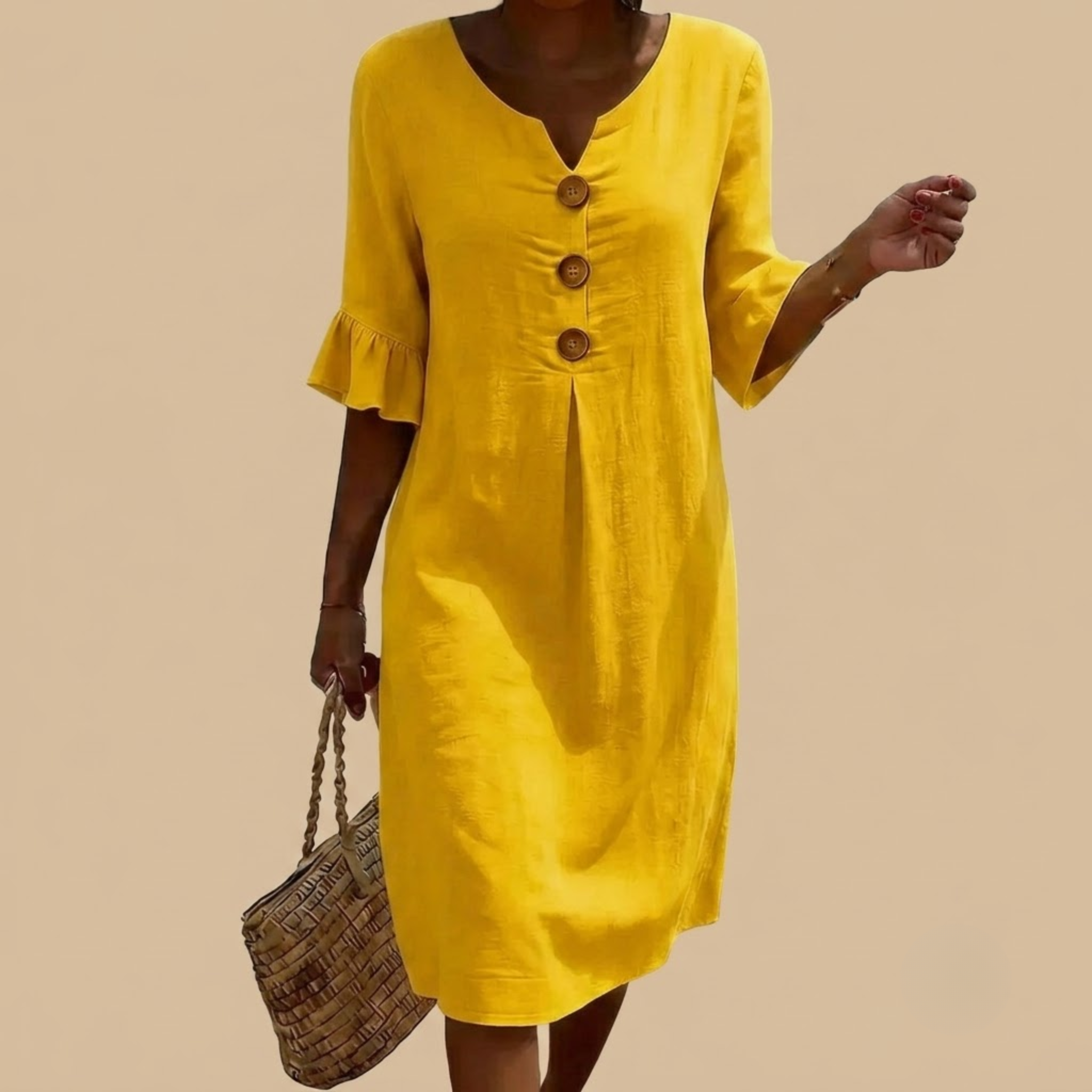 Stylish Midi Dress Yellow Front View