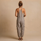 Théa Lightweight Embroidered Bohemian Jumpsuit in Grey shown in back view.