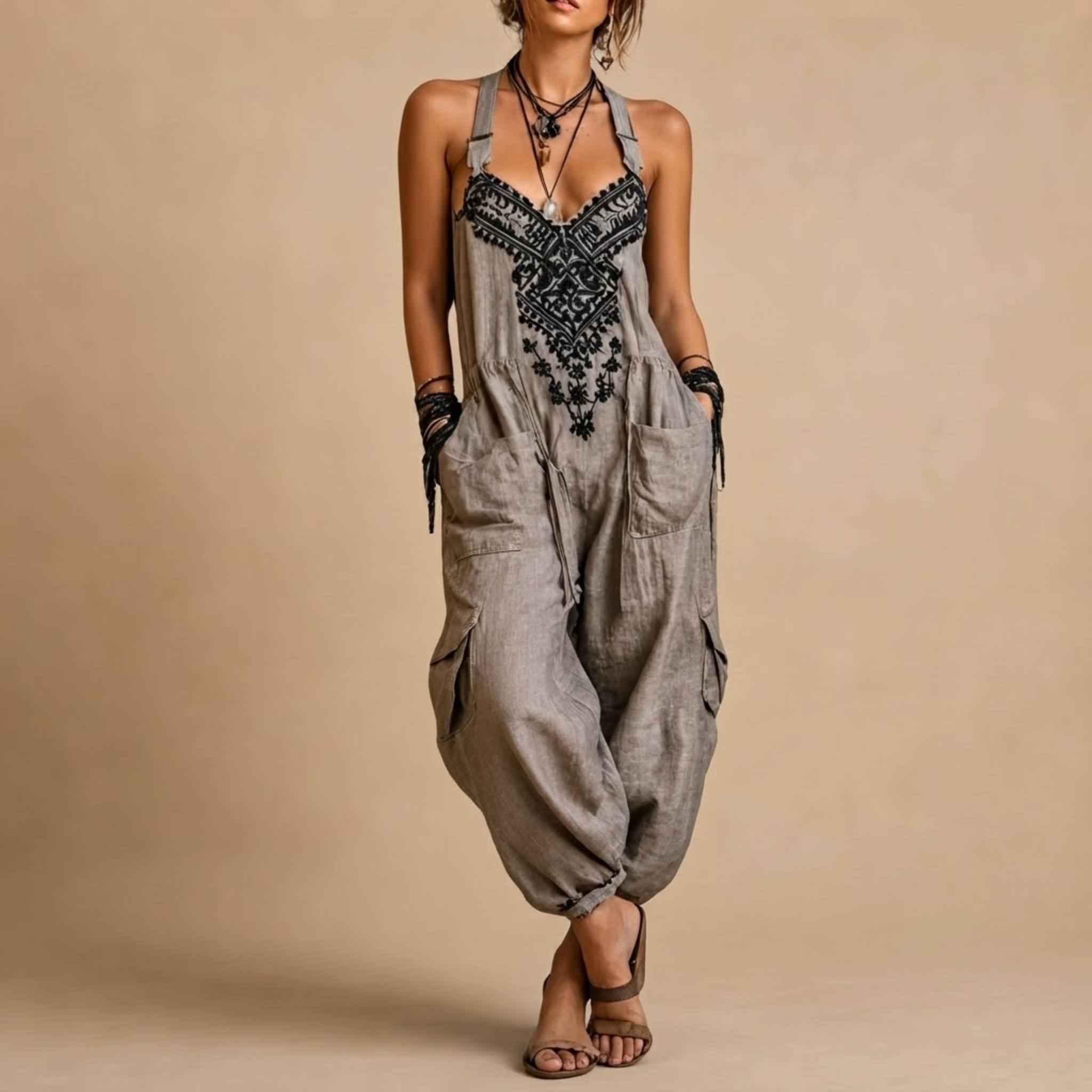 Théa Lightweight Embroidered Bohemian Jumpsuit in Grey shown in front view.
