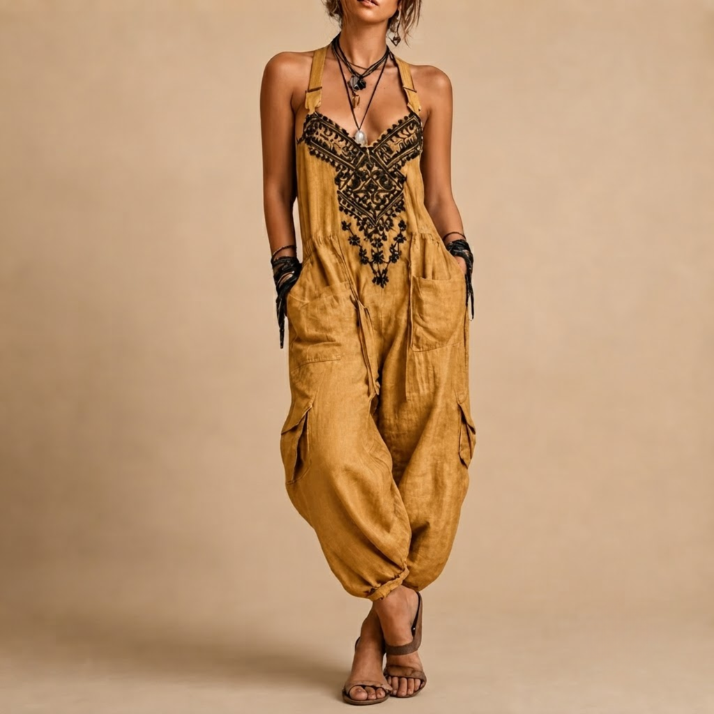 Théa Lightweight Embroidered Bohemian Jumpsuit in Yellow shown in front view with embroidered details and a relaxed silhouette.