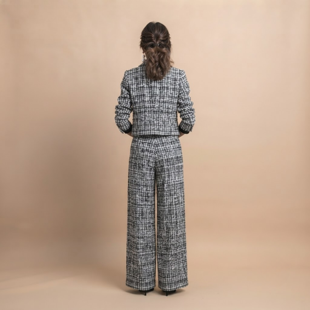 Valentina Frayed Jacket and Pants Two-Piece Set in Black shown in back view with coordinated jacket and pants.
