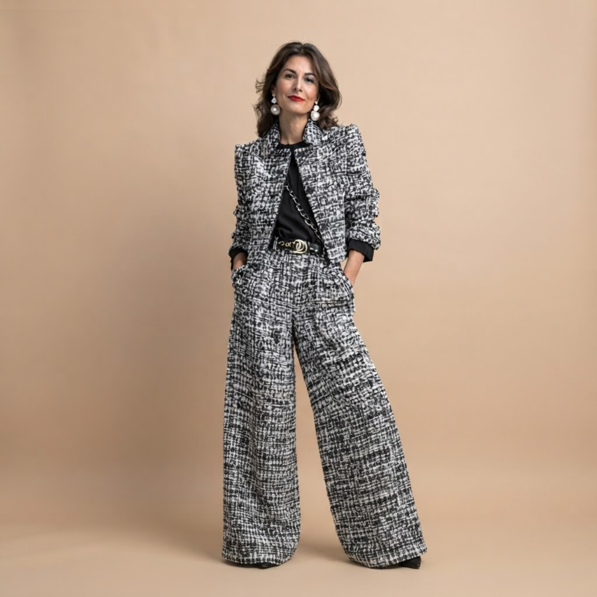 Valentina Frayed Jacket and Pants Two-Piece Set in Black shown in front view with frayed trim jacket and matching pants.