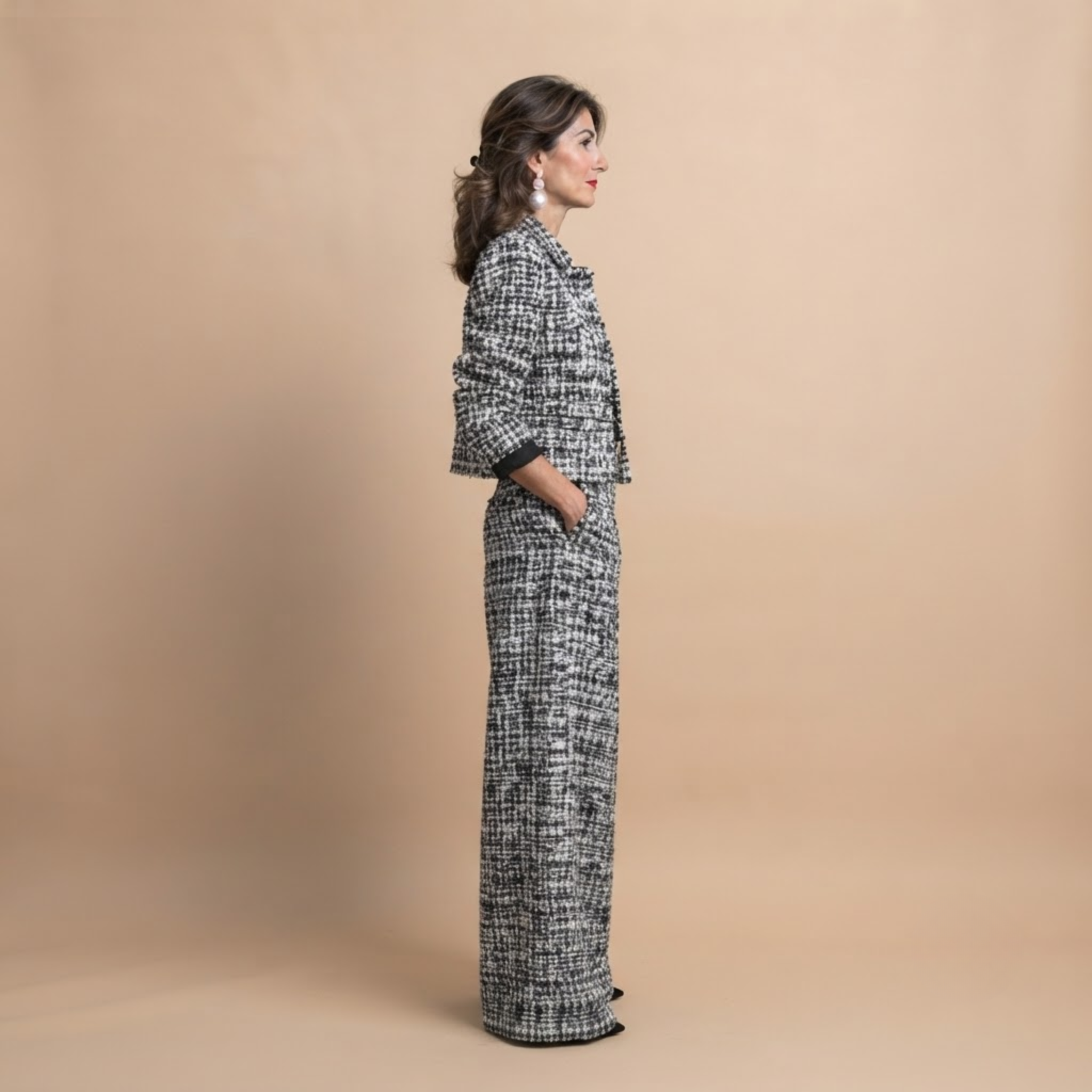 Valentina Frayed Jacket and Pants Two-Piece Set in Black shown in side view with relaxed fit and frayed-edge details.