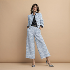 Valentina Frayed Jacket and Pants Two-Piece Set in Blue shown in front view with frayed trim jacket and matching pants.